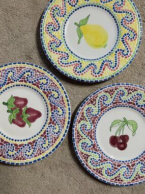 Vintage 1996 Lotus Fruit Mosaic Plates Set of 3 Hand Painted Majolica Style